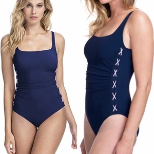 NWT $128 Sz 10 Profile By GOTTEX Date Moto Navy W/ Pink Laceup Side Swimsuit - Picture 1 of 7