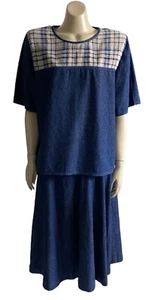 Vtg 90s Melissa White 2 Pce Skirt + Top Sz 12-14 Midi A-Line Chambray Plaid Blue - Picture 1 of 13