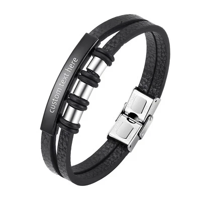 Men's Custom Beads Leather Bracelet Stainless Steel Personalized Engravable Cuff - Image 1 of 3