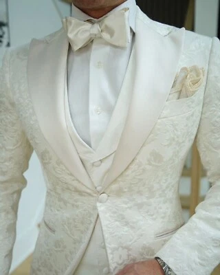 Men Suit Slim Fit Print Jacquard Single Breasted Tuxedo Peak Lapel Paisley Plaid - Image 1 of 4