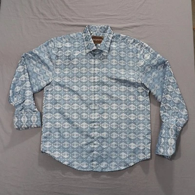 Manzini 衬衫男式 2XL 蓝色佩斯利丝绸涤纶纽扣正装 — 第 1/4 张图片