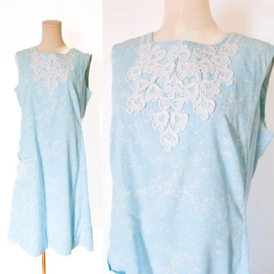 Vintage 60s "The Lilly" Lilly Pulitzer Blue Midi Shift Dress w Crochet Lace M/L - Image 1 of 4