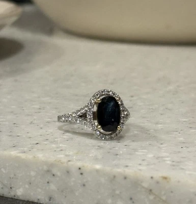 14K White Gold Sapphire & Diamond Oval Ring With Halo - Size 8 - YG Setting - Image 1 of 4