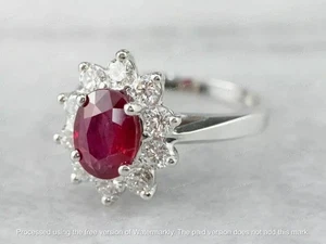 2.10Ct Oval Lab-Created Ruby Halo Engagement Ring 14K White Gold Plated Silver - Picture 1 of 3