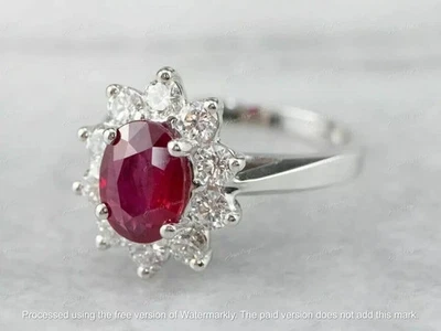 2.10Ct Oval Lab-Created Ruby Halo Engagement Ring 14K White Gold Plated Silver - Image 1 of 3