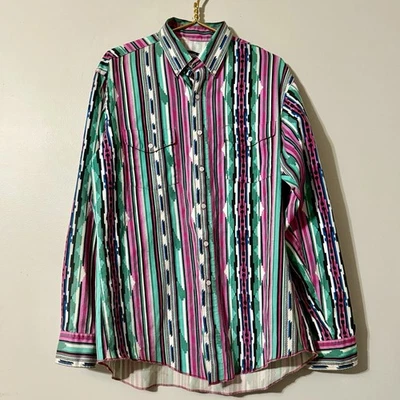 Vtg Wrangler Brushpopper Shirt X-Long Tails Western Striped Aztec 16 1/2-36 - Image 1 of 4