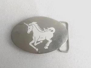 Vintage Belt Buckle White Mythical Unicorn Horse On Silver Tone Metal Oval - Picture 1 of 7