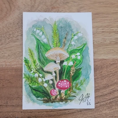 Original ACEO Mushroom Botanical Painting – Woodland Gathering, Cottagecore... - Image 1 of 2