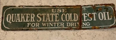 Винтажный двусторонний фарфоровый знак Quaker State Cold Test Oil 26 x 6 дюймов США - Изображение 1 из 4