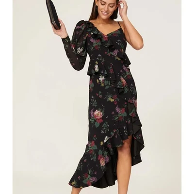 Amur Black Floral Chiffon One Shoulder Midi Dress SIZE 10 Cocktail Designer $598 - Image 1 of 4