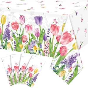 4 Pack Spring Summer Lavender Tulip Plastic Tablecloth, Blooming Floral Disposab - Picture 1 of 12