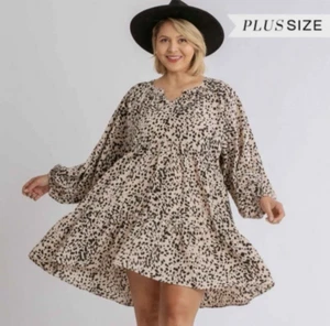 Umgee Tiered Dress Animal Print Mini 2XL Pockets Leopard Flowy Long Sleeve - Picture 1 of 15