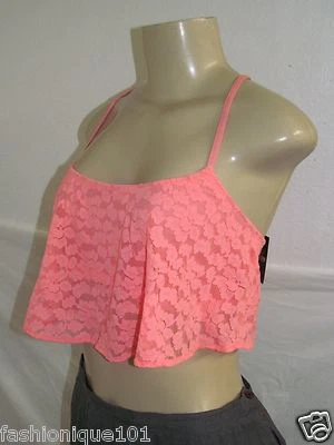 NWT HOLLISTER WOMENS GILLY HICKS CORAL LACE RUFFLE CROP TOP BRALETTE L  - Image 1 of 4