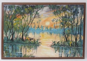 Pintura al óleo vintage pantano puesta de sol paisaje Florida Highwaymen estilo Louisiana - Imagen 1 de 13