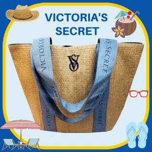 NUEVO CON ETIQUETAS $50 Victoria's Secret LOGOTIPO Grande Azul Paja Lona TOTE Cartera PLAYA VERANO - Imagen 1 de 14
