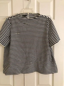 Lafayette 148 Size M Cream Black Stripe High Neck Top Blouse Women Stylish Cut - Picture 1 of 12