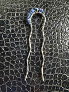 Vintage Hair Fork Wire Wrapped Lapis Lazuli Silvertone Bun Holder Clip 4” Length - Picture 1 of 7