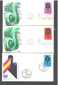 UN STOP DRUG ABUSE, FLEETWOOD & GENEVA  CACHETS 3FDC. As per Scan - Picture 1 of 1