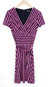 RALPH LAUREN Women Dress US4 Navy Purple Stretch Short Sleeved V-Neck Striped - Picture 1 of 15