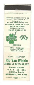 Rip Van Winkle Motel & Restaurant Sanford N.C. Vintage Matchbook Cubierta MO51 - Imagen 1 de 2