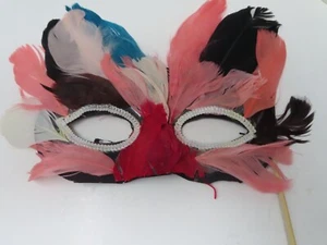 Multicolor Feather Masquerade Mask Ball Mardi Gras Women Stick - Picture 1 of 2