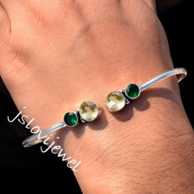 Citrine Topaz & Diopside Gemstone 925 Sterling Silver Bangle Cuff For Function - Image 1 of 4