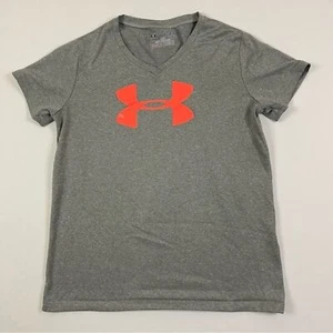 Under Armour T-Shirt Girl’s Medium Neon Logo Active V-Neck Heat Gear Loose Fit - Picture 1 of 6