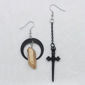 Black Moon Natural Quartz Crystal Sword Earrings Gothic Jewelry For Female Gifts