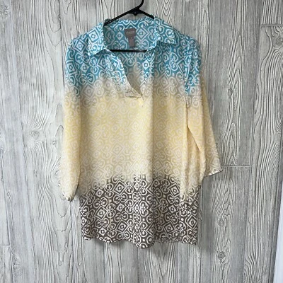 Blusa túnica chifón Chico's talla 1 (M) cuello dividido blusa playa costera Foto 1 de 4