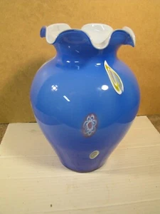 Jarrón de Colección Arte Murano Italia 10-1/2" de Alto con Pegatinas Azules  - Imagen 1 de 5