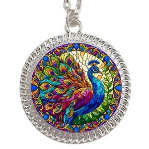 Faux Stained Glass Peacock  Bezel Pendant/Necklace Silver Gold Or Rose Gold Tone - Picture 1 of 7