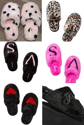 Victoria's Secret Cozy Plush SLIPPERS Faux Fur Pink Leopard Black Bling VS Logo - Image 1 of 4