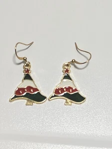 Dangle Drop Earrings Christmas Trees Green White Red Gold Filled Hooks - Picture 1 of 6