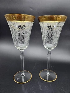 Vintage Set of 2 Etched Crystal Gold Encrusted Water Goblet - Picture 1 of 9