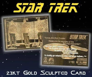STAR TREK Kirk Spock McCoy en transportador tarjeta de oro 23 kt esculpida #/10,000 BOGO - Imagen 1 de 2