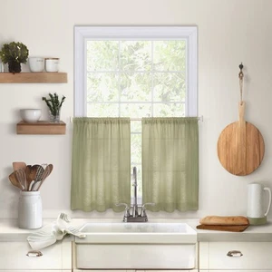 Cameron Linen Tier Curtains, 30" W x 24" L Each (Set of 2 Tiers), Sage Green - Picture 1 of 7