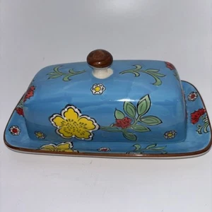 Royal Covered Butter Dish Blue & Red Yellow Flowers Detailing 8"L 4”W 3.5”H - Picture 1 of 8