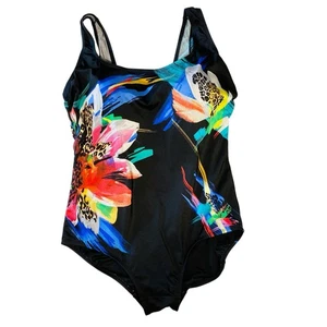 VINTAGE 90s Rainbow Floral & Leopard One Piece Swimsuit Plus Size 20W 2XL Beach - Picture 1 of 7