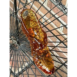 Fenton Amber Glass Hobnail Slipper Shoe Cat Head Citrine Sticker Intact - Picture 1 of 4