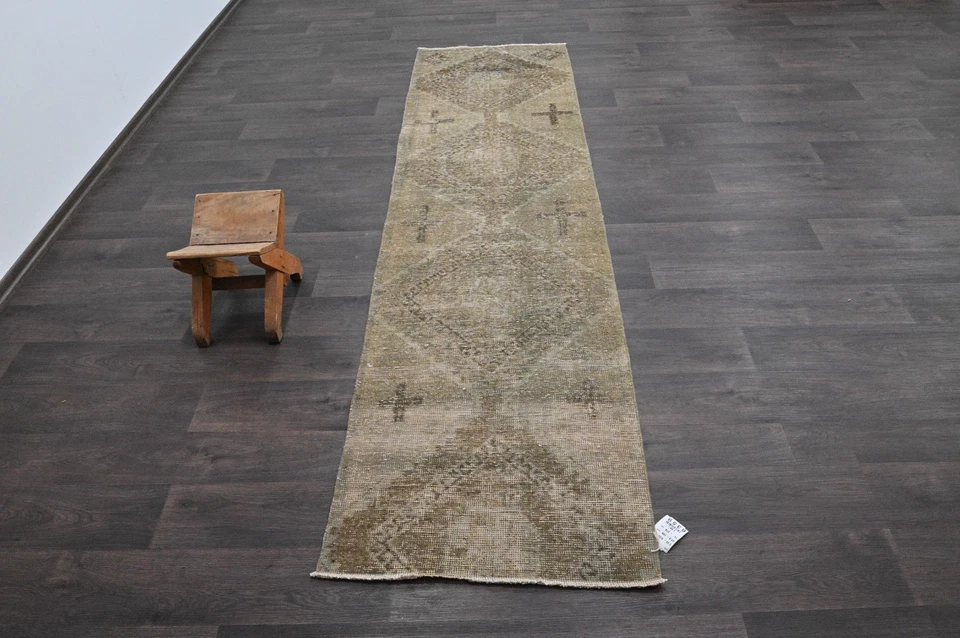 Alfombra de corredor turca vintage 2x9 pies lana anatolia hecha a mano pasillo Oushak BEIGE Foto 1 de 4