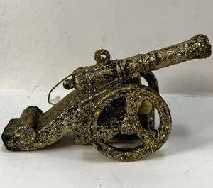 Antique Gold Glitter Christmas Tree Ornament Cannon 4”x2” ~ Unique SET Of 5 - Picture 1 of 4