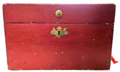 Chest Box ANTIQUE  9 x 13.75 x 9.5" Red Hidden Top Dovetailed ORG Brass & KEY - Image 1 of 4