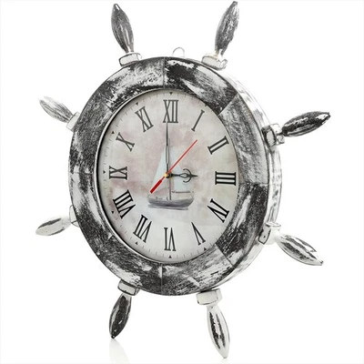 Antique Rustic White & Grey Ship Wheel Wall Clock Nautical Boat Dial Pirate 12" - Image 1 of 4
