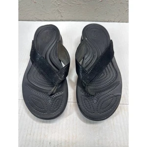Crocs Capri 5 V Suede Black Leather Straps Flip Flop Sandals Size 7 - Picture 1 of 4