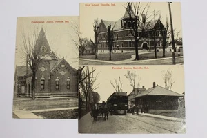 (3) c1913 Danville Indiana cartes postales Chruch lycée train dépôt RPPC - Photo 1/11
