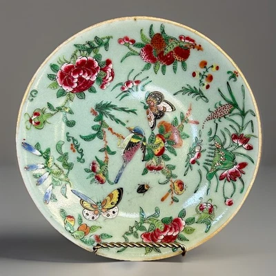 "Plato Celadon de exportación china 7,5"" familia rosas aves mariposas Qing tardío c1860" Foto 1 de 4