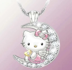 Lovely Cute Hello kitty On the Moon Pendant Necklace Little Girl's Jewelry Gift - Picture 1 of 2