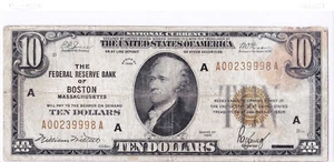 1929 $10 BOSTON Massachuetts MA Federal Reserve Bank FRB Brown National Currency - Picture 1 of 2