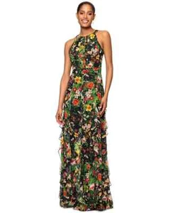 $279 Betsy & Adam Women's Floral-Print Ruffled Halter Gown, Black/Red, SIZE-10 - Picture 1 of 3