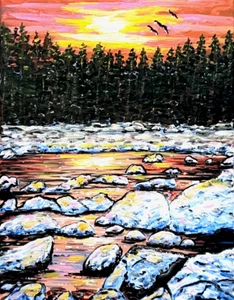 Landscape Art trees river Sunrise/Sunset Painting ORIGINAL SIGNED + COA NR! - Picture 1 of 2
